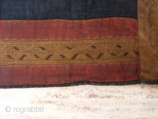 Ethnic sub-group from the "Miao" category, baby carrier, 77x53cms, dark blue, what looks like a hand-loomed cotton (or maybe other plant fibre) base, with extremely finely embroidered materials sown on top, 3  ...