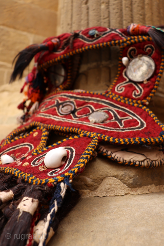 Kyrgiz camel head-dress. The main body is made with the felt technique, and from this hang ornaments covered with felt that end with horse hair. The inner lining is white cotton. Sheep  ...