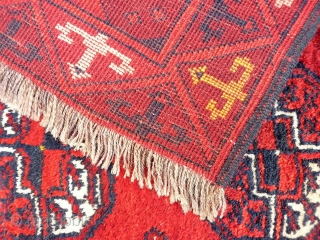 A rug woven in the North of Afghanistan by ethnic uzbeks, with soft and shinny wool. The yellow colour touches add a nice touch to this rug. 174x122 cms 1900s. (A1710039). 
Please  ...