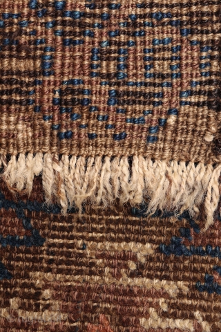 A very unusual Mushwani rug that carries the hooked design into the border. The rug has the traditional Mushwani design in natural colour indigo blue, terracotta and undyed white wool. Low overall  ...