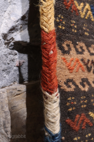 When the back can be more interesting than the front... ¡click to see all the images!
This lovely Qashqai namakdan or salt bag was woven with a combination of natural undyed wool and  ...