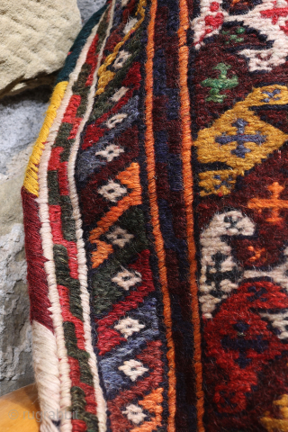 A saddlebag woven by Arabic woman from South West Iran with the soumak technique. The colours achieved using dyes natural dyes are very nice. This saddlebag is very thick and heavy and  ...