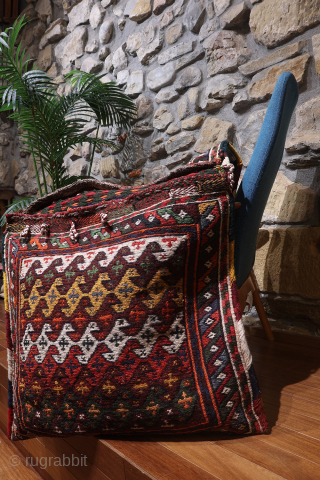 A saddlebag woven by Arabic woman from South West Iran with the soumak technique. The colours achieved using dyes natural dyes are very nice. This saddlebag is very thick and heavy and  ...