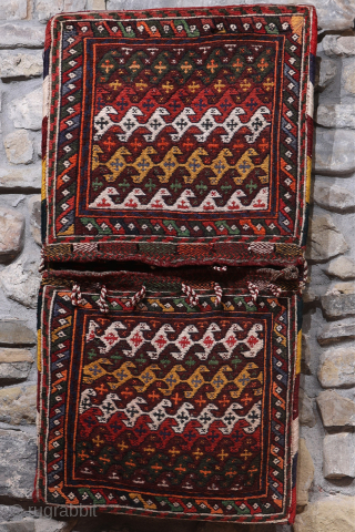 A saddlebag woven by Arabic woman from South West Iran with the soumak technique. The colours achieved using dyes natural dyes are very nice. This saddlebag is very thick and heavy and  ...