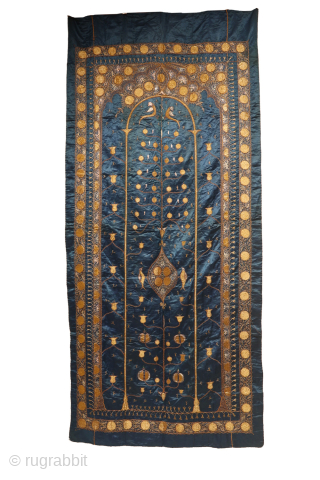 A superb and, perhaps, unique 19th century Ottoman silk embroidery with metal thread. The composition of this very delicate and at the same time sophisticated silk textile is very big prayer field  ...