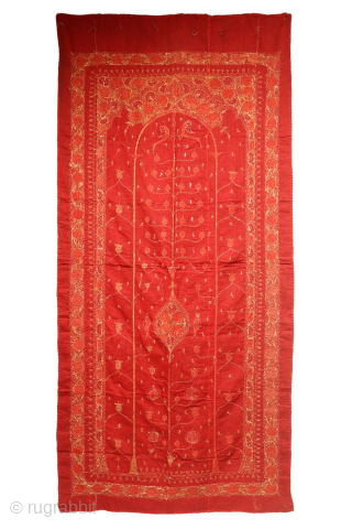 A superb and, perhaps, unique 19th century Ottoman silk embroidery with metal thread. The composition of this very delicate and at the same time sophisticated silk textile is very big prayer field  ...