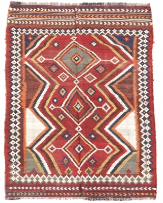 A Qashqai kilim with a very free design. All good dyes. Sheep´s wool with goat warps. Bought during our last trip to Iran. 243x154cms, (K1910350). You can purchase this kilim directly from  ...