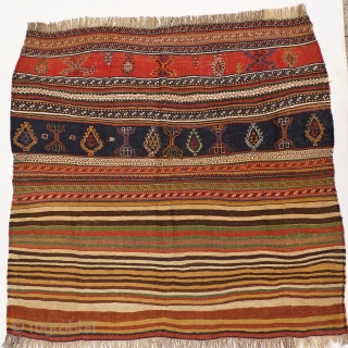 A beautiful Qashqai kilim that originally was a large bag. All the dyes are natural, including a beautiful green and mustard yellow. Very finelly woven. And yes, we know, it is not  ...