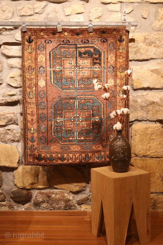 An antique big balisht or pillow case with a good design, more typical of a rug than of a pillow, that includes two huge güls as the central motif. The güls have  ...