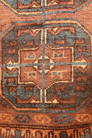 An antique big balisht or pillow case with a good design, more typical of a rug than of a pillow, that includes two huge güls as the central motif. The güls have  ...