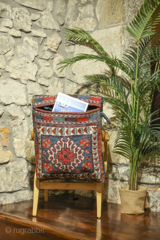 This Luri saddlebag has been woven with the knotted technique at the front and with kilim for the back. All dyes are natural (with a beautiful  blue and green) and the  ...