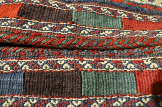 This Luri saddlebag has been woven with the knotted technique at the front and with kilim for the back. All dyes are natural (with a beautiful  blue and green) and the  ...