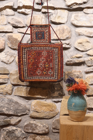 A superb antique Arab namakdan or salt bag woven with the soumak technique from Iran. All the dyes are natural, with a particularly beautiful indigo blue. The lower corners are probably worn,  ...