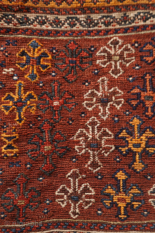 A superb antique Arab namakdan or salt bag woven with the soumak technique from Iran. All the dyes are natural, with a particularly beautiful indigo blue. The lower corners are probably worn,  ...