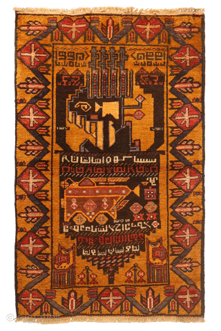 A one of a kind vintage war rug with a huge tank as the central motif. In the field airplanes, guns and granades can be found. There is plenty of writing throught  ...