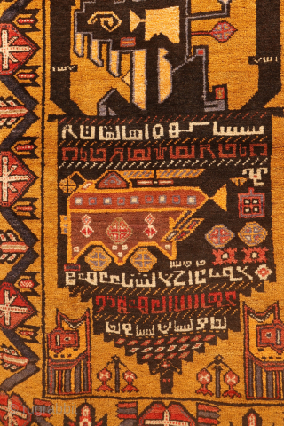 A one of a kind vintage war rug with a huge tank as the central motif. In the field airplanes, guns and granades can be found. There is plenty of writing throught  ...