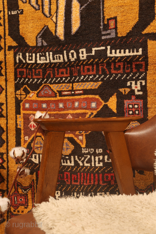 A one of a kind vintage war rug with a huge tank as the central motif. In the field airplanes, guns and granades can be found. There is plenty of writing throught  ...