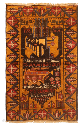 A one of a kind vintage war rug with a huge tank as the central motif. In the field airplanes, guns and granades can be found. There is plenty of writing throught  ...