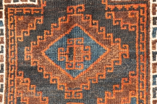 Baluch prayer rug from South West Afghanistan, with an unusually wide border. It is finished off with two large kilim skirt ends. All the dyes are natural, with a lovely blue colour,  ...