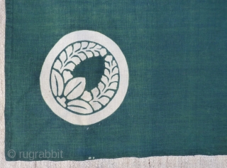 Japanese "Furushiki" cotton cloth used for carrying small objects. Made from three strips of cloth hand stitched together. A "kamon" family crest was drawn in rice paste and the cloth was overdyed  ...