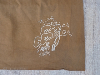 Japanese "Furushiki" cotton cloth that with the 4 corners folded over and tied together was used for carrying small objects. Butterfly and plant motifs drawn in rice paste and overdyed, with each  ...
