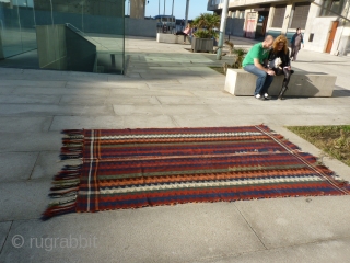 Large moj, all good colours, quite thick and heavy for a moj (feels more like a kilim). No repairs, stains or signs of wear. Plaited at one end and looped at the  ...