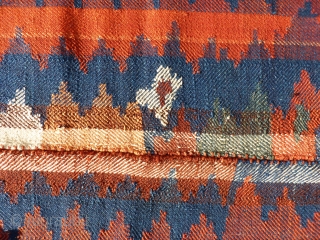 Large moj, all good colours, quite thick and heavy for a moj (feels more like a kilim). No repairs, stains or signs of wear. Plaited at one end and looped at the  ...