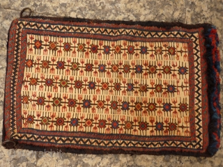 Superb extra finelly woven Bakhtiari chantah. Goat hair for the side cords and black weaving areas. Front and back are identical. Some staining and (badly) rewoven sides, otherwise, the front and back  ...