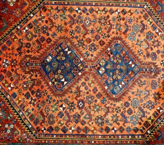 A rug woven by Arab groups in the south of Iran. All the dyes are natural and the dyer has achieved a fantastic range of colours including mustard, terracotta and emerald green.  ...