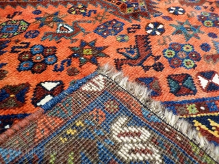 A rug woven by Arab groups in the south of Iran. All the dyes are natural and the dyer has achieved a fantastic range of colours including mustard, terracotta and emerald green.  ...