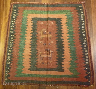 Afshar soffreh with deer and flower motifs overstitched, from about 1940, 115x116cms, very good original condition.                 