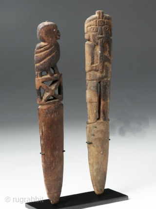 A pair of wooden loom sticks cod. 0733. Chancay culture. Perù. Ca. 1000 to 1470 A.D.  Well-preserved for their material and age. Size of flute player (they are similar in size):  ...