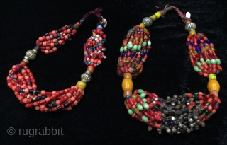 Tribal Pashtun antique multi stranded old glass beads necklaces in original stringing from Afghanistan.                   