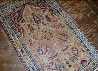 #1B524  Hand made antique prayer Persian Kerman Lavar rug 2.10' x 4.8' ( 90cm x 146cm) 1880.C
               