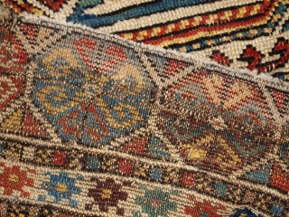 1C260 Caucasian Shirvan rug 3.8' x 7.6' ( 118cm x 233cm ) 1870, condition: original, some age wear, missing end, little crooked.           