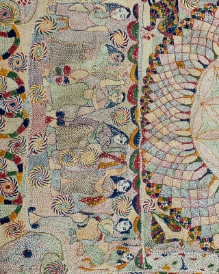 Vintage fine museum quality Kantha from undivided Bengal 19 century of Murshidabad district with fine needle embroidery on multiple muslin layers with all geometric and figured work. The size of this Kantha  ...