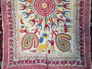 Vintage fine Kantha from West Bengal India C.1900 with a rare subject of Krishna Raas Leela where Krishna is dancing with gopis.it is rare to find these type of subject related Kantha  ...