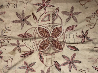 Vintage Kantha quilt from Murshidabad district of West Bengal  India 1900C. It is huge in size with mango design fish design and there is an individual human portrait in the borders  ...