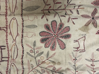 Vintage Kantha quilt from Murshidabad district of West Bengal  India 1900C. It is huge in size with mango design fish design and there is an individual human portrait in the borders  ...