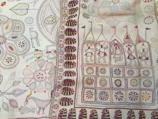 Vintage  temple Kantha(quilt) from Ramnagar village of Murshidabad district of West Bengal India C.1900 reversible hand embroidered with very fine motifs and beautiful border of ambi (mango design)the quilt is in  ...