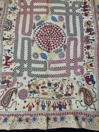 Very Rare  Embroidery Kantha from Jessore Region of East (Bangladesh) Undivided Bengal India. 1900C. With Krishna life story and other subjects also embroidered with very rare colour patterns used in the  ...