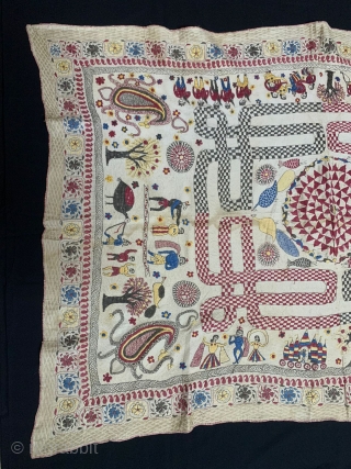 Very Rare  Embroidery Kantha from Jessore Region of East (Bangladesh) Undivided Bengal India. 1900C. With Krishna life story and other subjects also embroidered with very rare colour patterns used in the  ...