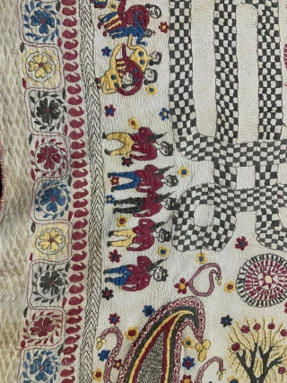 Very Rare  Embroidery Kantha from Jessore Region of East (Bangladesh) Undivided Bengal India. 1900C. With Krishna life story and other subjects also embroidered with very rare colour patterns used in the  ...