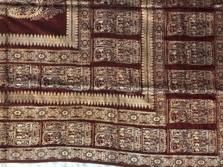 Swarna baluchuri sari fragment (Pallu)from baluchar village of Murshidabad District of West Bengal India late 19th century with fine gilded silver treads used for making the scenes of English men smoking hookah  ...