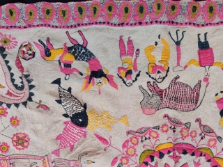 Vintage fine quality Kantha from Murshidabad district of West Bengal India 1900C. Showcasing the fine circus subject with clowns animals fishes and etc. the size of the Kantha is 79 cms x  ...