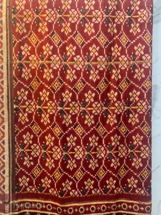 An Rare Theen phool bhat Patola Sari, Double Ikat silk from Patan Gujarat 1850 - 1875 c .This Patola known as Theen phool bhat three flowers design.This Patola has one of the  ...