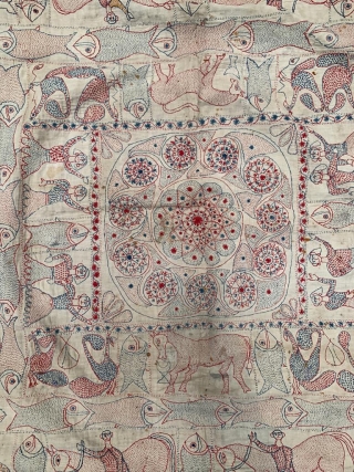 VERY FINE QUALITY RARE KANTHA FROM UNDIVIDED  BENGAL INDIA 1850-1875 C. WITH THE FINEST QUALITY OF KANTHA KNOWN AS KAKZI KANTHA (KAKZI KANTHA MEANS PAPER THICKNESS GROUND  COTTON FABRIC )  ...