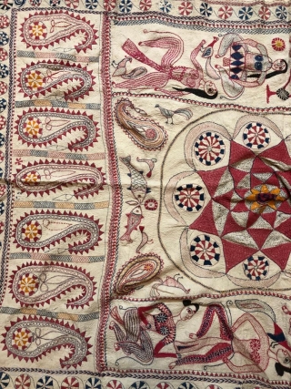 Vintage fine quality kantha from murshidabad district of West Bengal India 1900C. with nice apsaras around the circle and Paisley at the both bottoms are the very fine examples of hand embroidery  ...