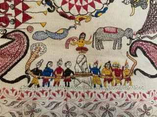 Vintage fine quality kantha from murshidabad district of  undivided Bengal India 19 C.the kantha has some very good subject like churning of ocean ,men on chariot,battle scene and people crossing the  ...