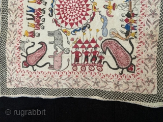 Vintage fine quality kantha from murshidabad district of  undivided Bengal India 19 C.the kantha has some very good subject like churning of ocean ,men on chariot,battle scene and people crossing the  ...